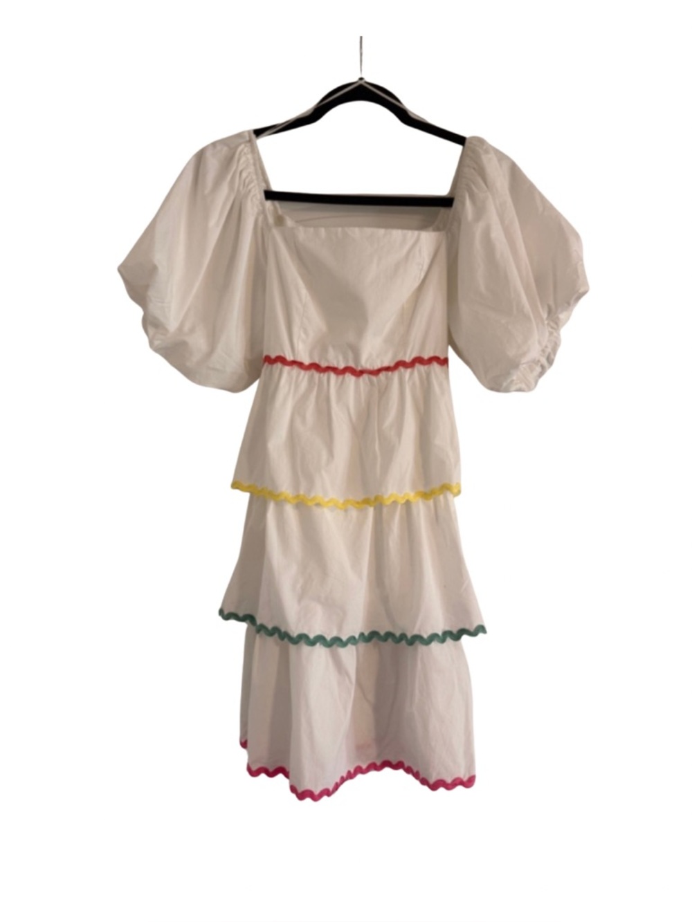 Peach Love California White Tiered Mini Dress Puff Sleeve Ric Rac Trim Size M